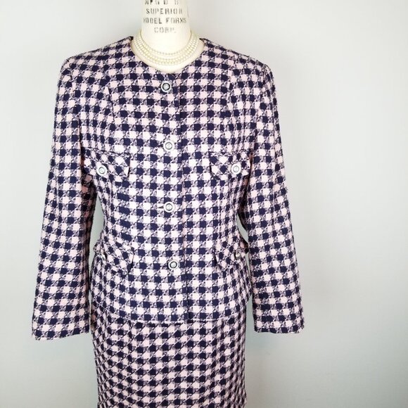 Vintage Blush Pink & Navy Two Piece Skirt Suit Set Designer Inspired * 8 Petite - Picture 1 of 11